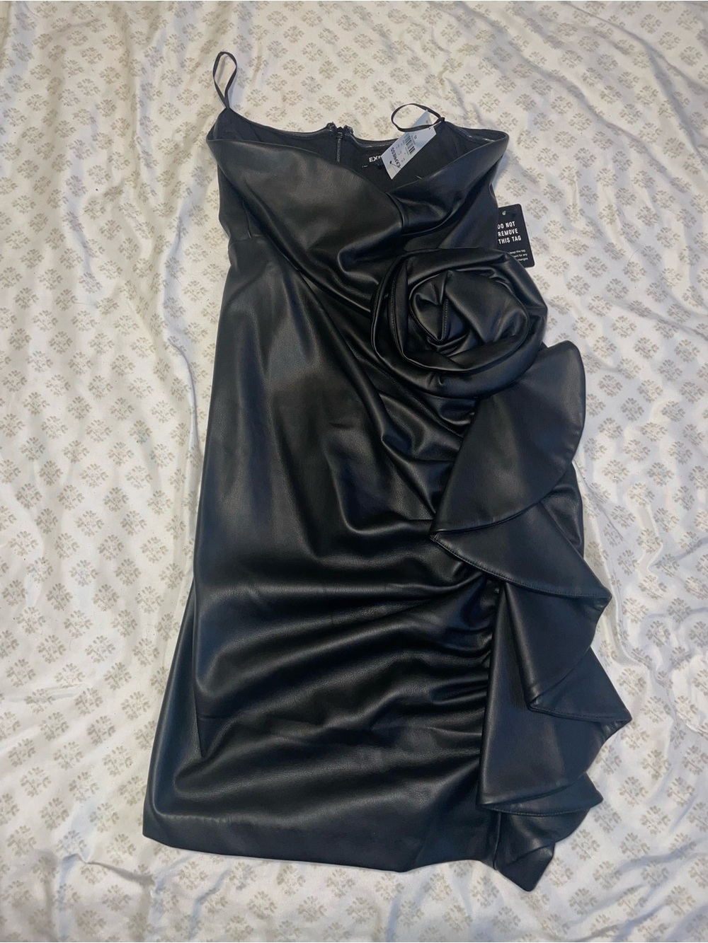 Express Black Faux Leather Mini Dress with Rosette & Ruffle Accent